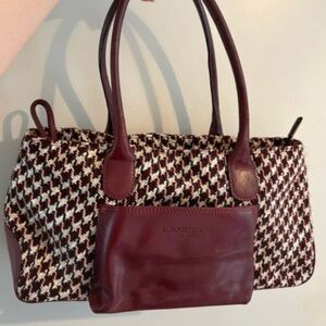Lancel vintage 1990s tweed and leather Burgundy and White Houndstooth bag